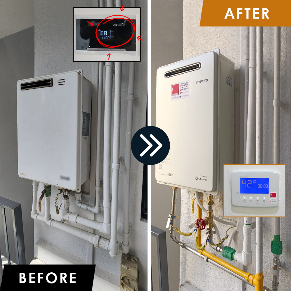 Gas heater powered by City Gas - Error E8 and gas leak replacement- River Isles - Before and After