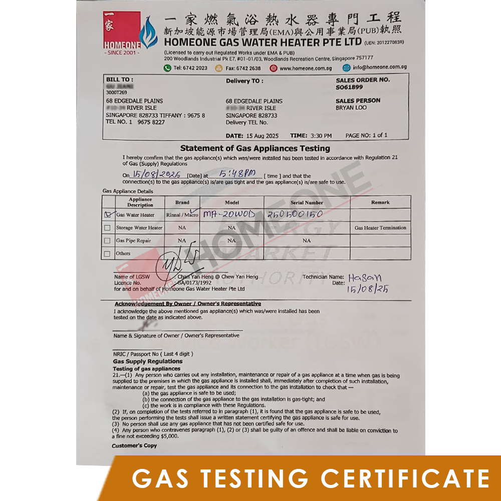 Gas water heater powered by City Gas - Error E8 and gas leak replacement- River Isles - Gas Testing Certificate